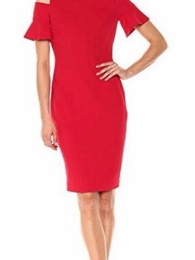 Calvin Klein Red Midi Sheath Dress with Ruffle Sleeves